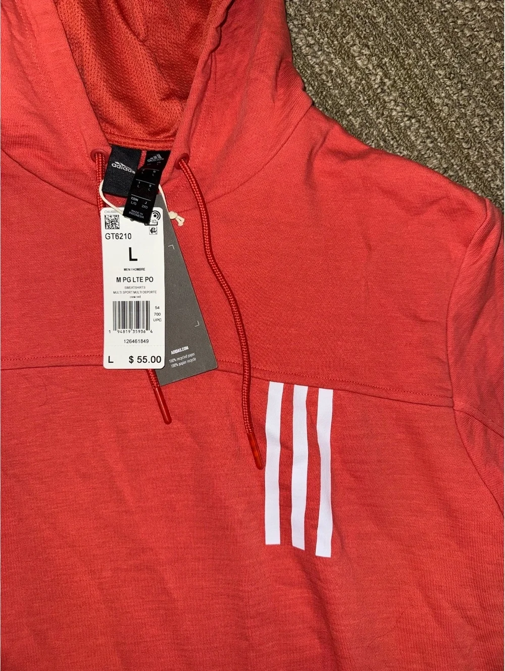 Men’s Adidas coral red hoodie with iconic three stripes Size L new with tags